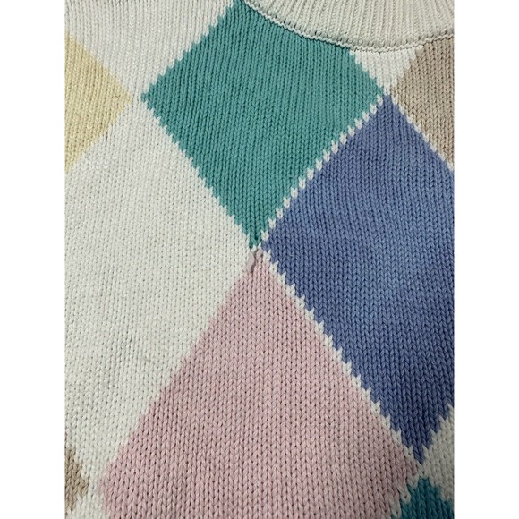 Le Moda Knitwear Small 100% Cotton 1/2 Sleeve 90s Argyle Mock Neck Vintage - Picture 3 of 10